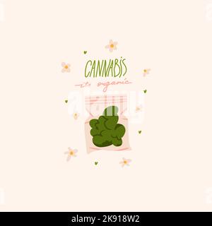 Illustrazione grafica astratta vettoriale disegnata a mano della Marijuana Medica, accessori per fumare. Gemma di canapa in confezione per fumare erbacce. Cannabis e erbacce Illustrazione Vettoriale