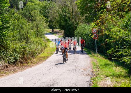 Un gruppo di ciclisti norvegesi di mezza età in bicicletta noleggiata percorrendo una strada collinare nel paesaggio umbro vicino a Spoleto, Umbria, Italia. Foto Stock