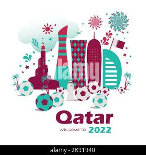 Qatar Doha skyline con la silhouette della città moderna futuristico e calcio illustrazione campionato del mondo astratto sfondo Illustrazione Vettoriale