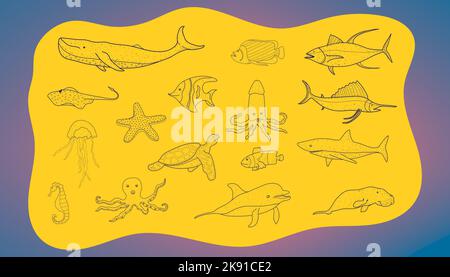 Un set di animali oceanici in stile disegno a mano doodle su uno sfondo giallo Illustrazione Vettoriale
