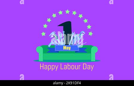 Un'illustrazione vettoriale con gli strumenti per il 1 maggio come Happy Labour Day Illustrazione Vettoriale