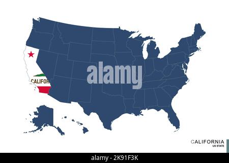 Stato della California sulla mappa blu degli Stati Uniti d'America. Bandiera e mappa di California. Illustrazione vettoriale. Illustrazione Vettoriale