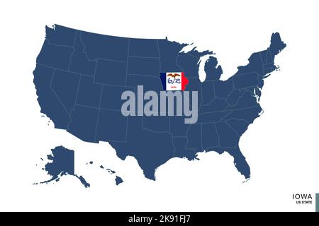 Stato dell'Iowa sulla mappa blu degli Stati Uniti d'America. Bandiera e mappa di Iowa. Illustrazione vettoriale. Illustrazione Vettoriale