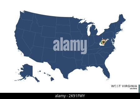 Stato della Virginia Occidentale sulla mappa blu degli Stati Uniti d'America. Bandiera e mappa di West Virginia. Illustrazione vettoriale. Illustrazione Vettoriale