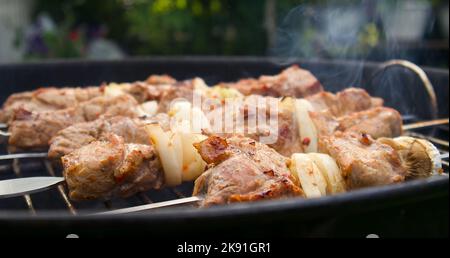 Vista del processo di grigliatura della carne alla griglia sugli spiedini Foto Stock