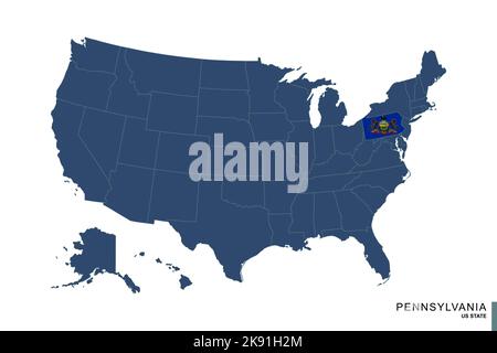 Stato della Pennsylvania sulla mappa blu degli Stati Uniti d'America. Bandiera e mappa di Pennsylvania. Illustrazione vettoriale. Illustrazione Vettoriale