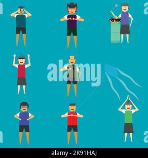 Un set colorato di persone felici che eseguono varie attività quotidiane Illustrazione Vettoriale