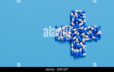 capsule di pillola medica a forma di croce. Concetto di assistenza sanitaria. Rendering 3D Foto Stock