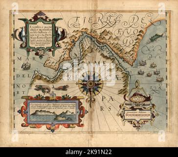 Vecchia mappa illustrata dello stretto di Magellano nel Cile meridionale dal cartografo olandese Jodocus Hondius ca. 1611 Foto Stock
