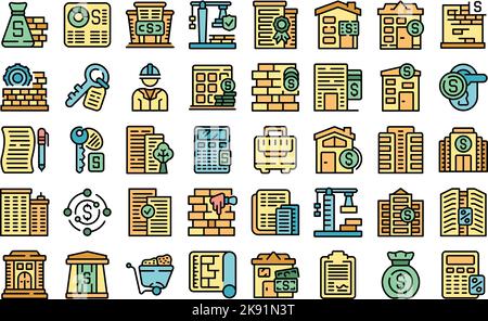 Le icone di sovvenzione di costruzione impostano il vettore di contorno. Finanza pubblica. Aiuto bilancio colore piatto isolato Illustrazione Vettoriale