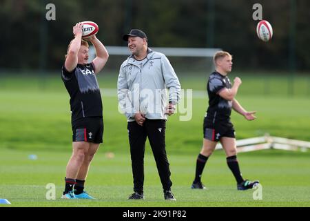 Cardiff, Regno Unito. 25th Ott 2022. Wayne Pivac, l'allenatore capo della squadra di rugby del Galles, parla con Bradley Roberts del Galles (l) durante la sessione di allenamento della squadra di rugby del Galles presso il vale Resort, Hensol, vicino a Cardiff, martedì 25th ottobre 2022. La squadra si sta preparando per la campagna autunnale della serie internazionale che inizierà il mese prossimo. Solo per uso editoriale, foto di Andrew Orchard/Andrew Orchard sports photography/Alamy Live news Credit: Andrew Orchard sports photography/Alamy Live News Foto Stock