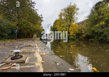 Foglie gialle e marroni viste sull'alzaia e sulla superficie delle acque del canale Leeds Liverpool a Skipton nell'ottobre 2022. Foto Stock