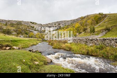 Malham Beck che scorre sulle rocce come lascia Malham Cove e si dirige giù per la valle e nel villaggio. Foto Stock