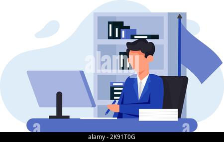 Un uomo seduto in ufficio e al lavoro su un computer Illustrazione Vettoriale