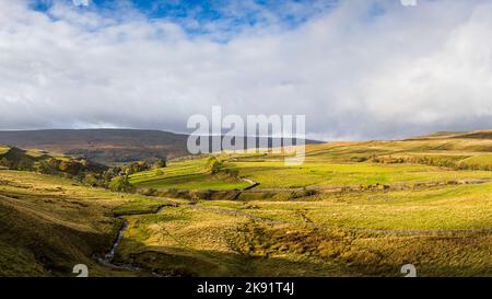 Un panorama a più immagini che si affaccia sulla Wharfedale Valley nelle Yorkshire Dales. Foto Stock