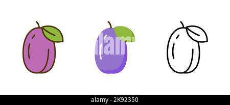 Icona del vettore piatto della linea Plum. Susina web frutta illustrazione cibo isolato. Illustrazione Vettoriale