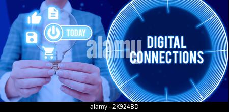 Indicazione delle connessioni digitali. Business idea rete virtuale che collega l'utente ai suoi contatti uomo d'affari mostrando luce lampadina e digitale S Foto Stock