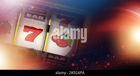Banner del gioco del Casinò con sfondo rosso e giallo e spazio copia sulla destra. Slot machine Lucky Seven. Tema dell'industria del gioco d'azzardo. Foto Stock