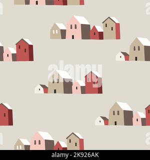 Splendido modello natalizio senza cuciture. Villaggio paesaggio con case rosse svedesi. Design invernale nordico per carta da imballaggio, tessuto. Illustrazione vettoriale Illustrazione Vettoriale