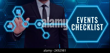 Cartello di testo che mostra la lista di controllo degli eventi. Concetto che significa strumento inestimabile per gestire con successo il vostro business man che punta su floppy Disk Foto Stock