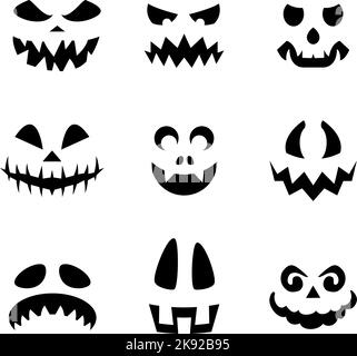 Emoji di zucca. Collezione di silhouette di Halloween Devil Faces. Creature spaventose con occhi, denti e sorrisi malvagi di Creepy su White Illustrazione Vettoriale