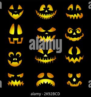 Emoticon di pelle di zucca incandescente. Spaventoso Halloween emoji di Angry Ghost, creature spaventose con occhi, denti malvagi e sorrisi Creepy impostato su Black Backdro Illustrazione Vettoriale