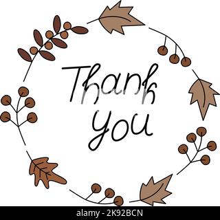 Grazie. Testo di ringraziamento disegnato a mano in cornice rotonda fatto di piante autunnali in tonalità trendy. Linea di produzione adesivo. Isolare. Vettore. EPS. Design calligrafico per stampe di auguri, magliette, striscioni, poster Illustrazione Vettoriale