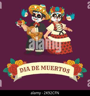 disegno vettoriale piatto con disegno a mano dia de muertos Illustrazione Vettoriale