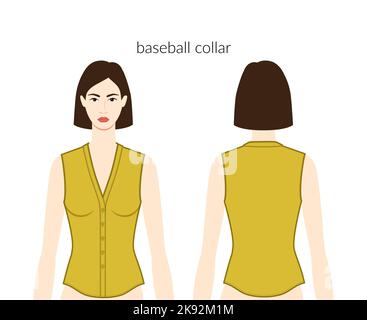 Colletto da baseball scollo placks abiti personaggio bella donna in top, camicia, abito tecnico di moda illustrazione, montato. Modello di abbigliamento piatto anteriore, posteriore. Donne, uomini unisex CAD mockup Illustrazione Vettoriale