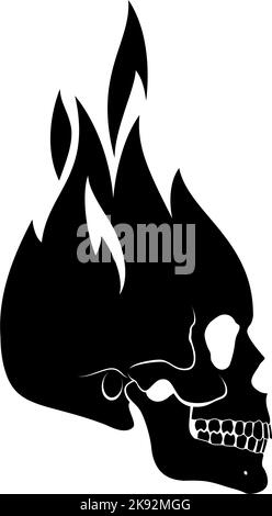 Cranio umano in fuoco. Demone, personaggio di fiaba. Esoterico. Disegno monocromatico isolato su bianco. Logo Sport Team, elementi ed etichette di design, Wild Illustrazione Vettoriale