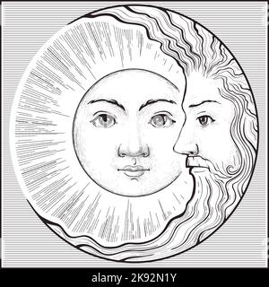 Sole e luna crescente con volto. Illustrazione Vettoriale