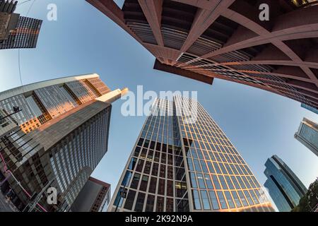 Francoforte, Germania - 18 luglio 2016: Panorama di Francoforte sul meno con grattacieli a Torre principale. La piattaforma Maintower è gratuita per il pubblico. Foto Stock