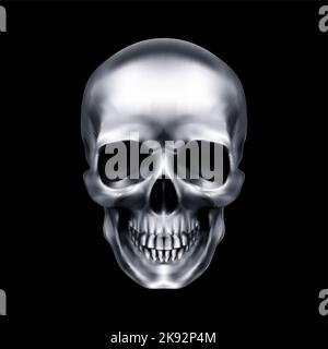 Cranio metallico umano. Il concetto di morte, orrore. Un simbolo di Halloween spettrale. Oggetto isolato su sfondo nero, può essere utilizzato con qualsiasi immagine Illustrazione Vettoriale