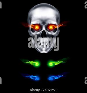 Cranio metallico umano con occhi fiammeggianti. Il concetto di morte, orrore. Un simbolo di Halloween spettrale. Oggetto isolato su sfondo nero, può essere utilizzato Illustrazione Vettoriale