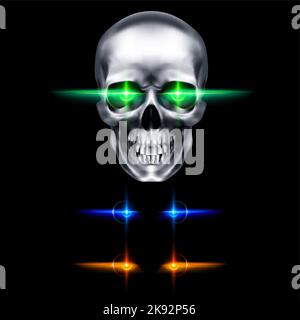 Cranio metallico umano con occhi verdi luminosi. Il concetto di morte, orrore. Un simbolo di Halloween spettrale. Oggetto isolato su sfondo nero, CAN b Illustrazione Vettoriale