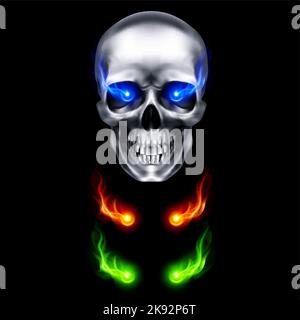 Cranio metallico umano con occhi Blue Flaming. Il concetto di morte, orrore. Un simbolo di Halloween spettrale. Oggetto isolato su uno sfondo nero, può essere Illustrazione Vettoriale