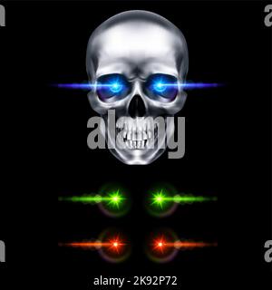 Cranio metallico umano con occhi azzurri. Il concetto di morte, orrore. Un simbolo di Halloween spettrale. Oggetto isolato su uno sfondo nero, può essere Illustrazione Vettoriale