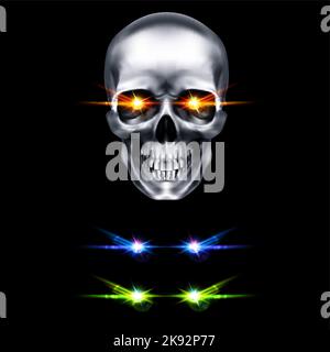Cranio metallico umano con occhi luminosi arancioni. Il concetto di morte, orrore. Un simbolo di Halloween spettrale. Oggetto isolato su sfondo nero, CAN Illustrazione Vettoriale
