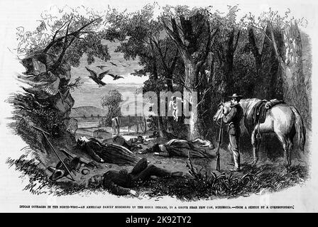 Indignazione indiana nel nord-ovest - una famiglia americana assassinata dagli indiani Sioux, in un boschetto vicino a New Ulm, Minnesota. Ottobre 1862. Illustrazione della guerra civile americana del 19th° secolo dal quotidiano illustrato di Frank Leslie Foto Stock