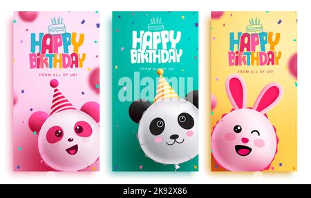 Poster di compleanno set disegno vettoriale. Buon compleanno testo di saluto con palloncini carattere lay out collezione. Illustrazione vettoriale. Illustrazione Vettoriale