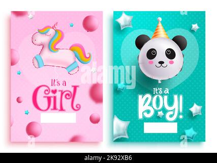 Disegno del set del poster del vettore del compleanno. Il sesso dell'acquazzone del bambino rivela la decorazione della ragazza o del ragazzo con i palloncini del panda e dell'unicorno in sfondo rosa e verde. Illustrazione Vettoriale