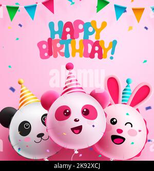 Buon compleanno testo disegno vettoriale. Palloncini di compleanno su sfondo rosa per la decorazione di biglietti d'auguri. Illustrazione vettoriale. Illustrazione Vettoriale