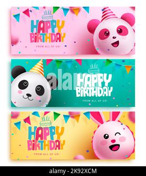 Buon compleanno testo vettore banner design set. Biglietto d'auguri di compleanno con palloncini gonfiabili per le feste, decorare lo sfondo. Illustrazione Vettoriale
