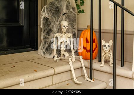 Le decorazioni assortite di Halloween proteggono i gradini anteriori di una casa. Zucche su un portico. Foto Stock