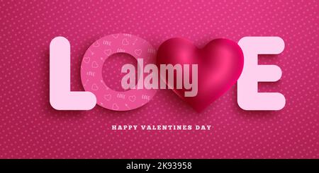 Disegno del banner vettoriale di San Valentino. Love carta taglio testo con 3D cuore in puntini sfondo per la celebrazione di San Valentino saluto. Illustrazione vettoriale Illustrazione Vettoriale