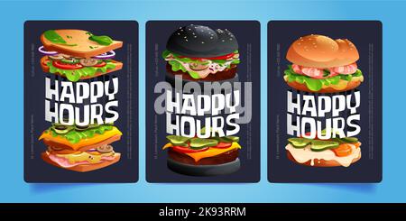 Set di cartoni animati di modelli di volantino promozionale Happy Hours per ristoranti fast food. Illustrazione vettoriale di gustosi sandwich e appetitosi hamburger su sfondo blu scuro. Banner di marketing per il miglioramento delle vendite Illustrazione Vettoriale