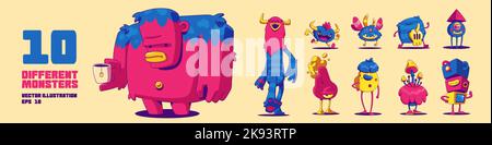 Set di mostri carini, fumetti divertenti personaggi contemporanei, alieni, strani animali o creature di Halloween con muzzle sorridenti dentati, corna e pelliccia. Personaggi della mascotte spettrale, illustrazione Vector Illustrazione Vettoriale