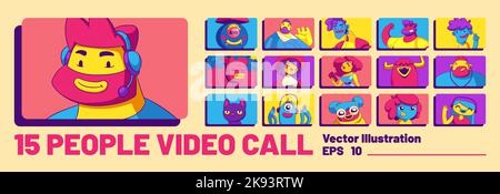 Set di caratteri videochiamata, conferenza online. Fumetti contemporanei persone, animali e fantasy personages chat virtuale. Gli amici comunicano a distanza, riunione su Internet, illustrazione vettoriale lineare Illustrazione Vettoriale