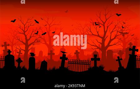 Vecchia silhouette cimitero. Cimitero abbandonato. Carta da parati spaventosa da tombstone da incubo, copertura o sfondo vettoriale horror di Halloween, sfondo scoscenato con croci da cimitero, silhouette di pipistrelli e corvi Illustrazione Vettoriale