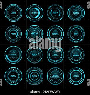 Barre di carico circolari futuristiche HUD. Interfaccia utente sci Fi, barra di avanzamento del caricamento del pannello di controllo futuristico, indicatore HUD vettoriale dello stato del download dei dati dell'interfaccia utente del gioco. Schermata della velocità di connessione a Internet dell'interfaccia Illustrazione Vettoriale